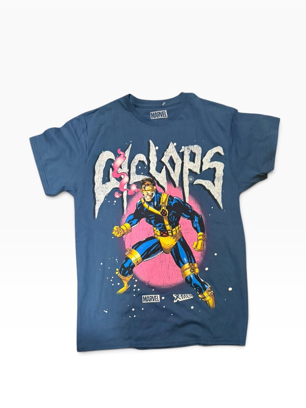 Vintage 90s Marvel Cyclops X-Men Graphic Tee - Blue with Pink & Yellow Accents m